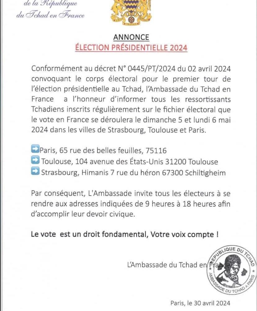 Élection présidentielle : la diaspora tchadienne en France appelée aux urnes les 5 et 6 mai 1