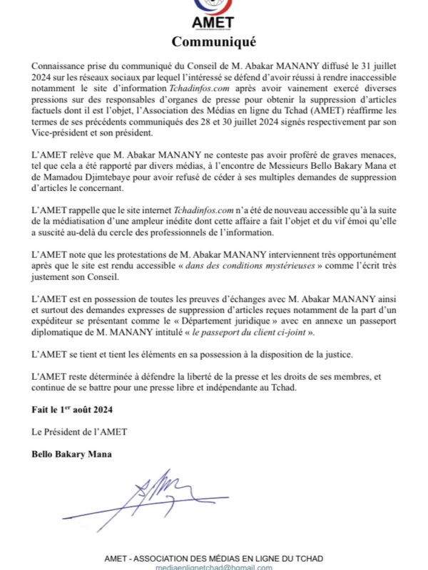 Tchad : L’AMET réagit à la sortie de l’avocat de Abakar Manany