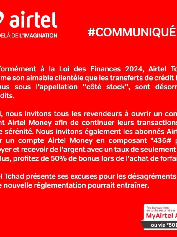 Airtel Tchad :  les transferts “Côté stock” désormais interdits