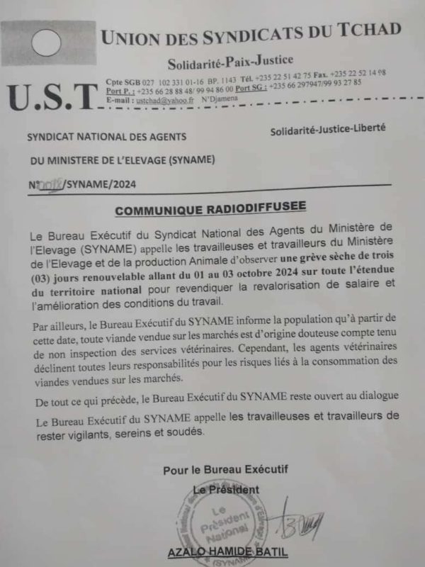 Tchad : les agents du ministère de l’élevage en grève sèche de 3 jours