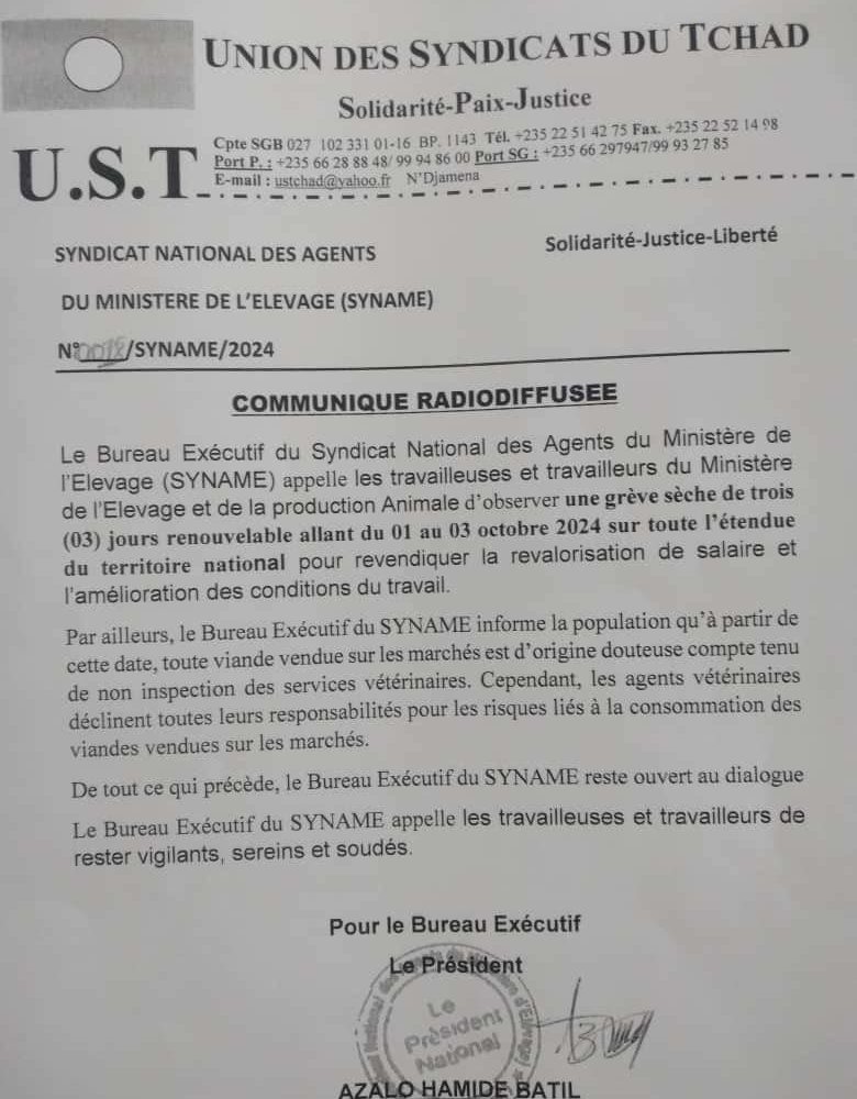 Tchad : les agents du ministère de l’élevage en grève sèche de 3 jours 1