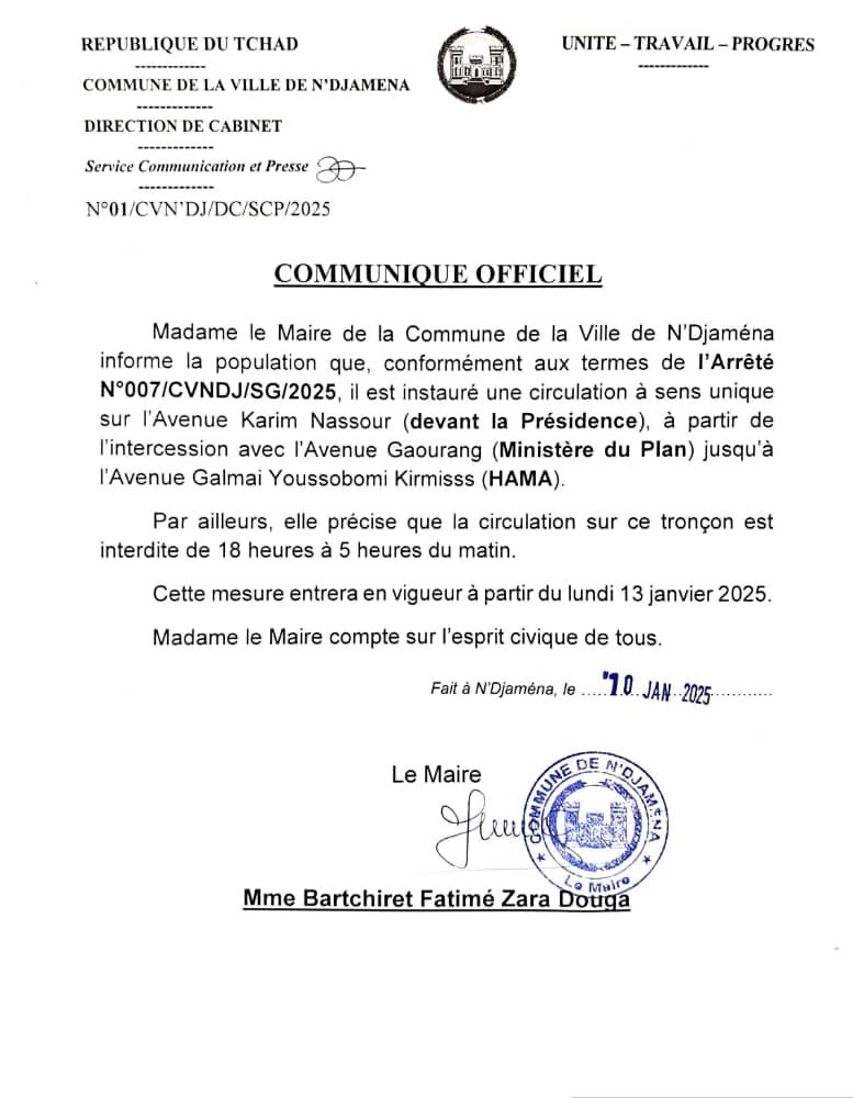 N’Djamena: circulation à sens unique instaurée sur l’avenue Karim Nassour (devant la Présidence) à partir du 13 janvier 1